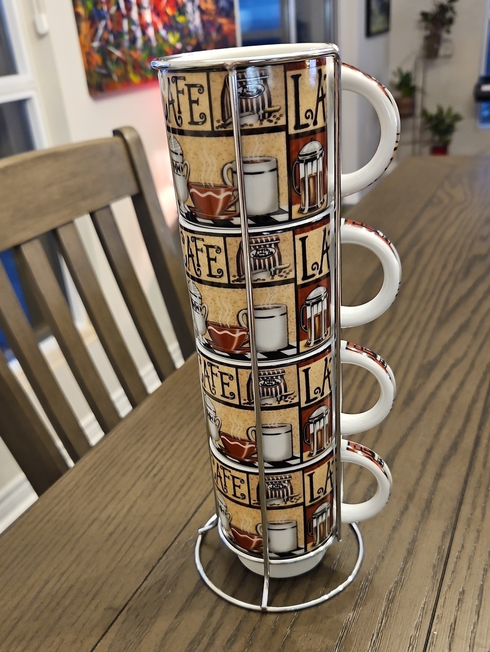 Stackable Coffee Mugs with Metal Rack - Brown Cafe Design